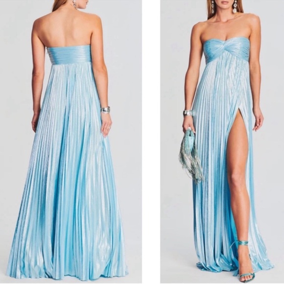 RETROFETE Zoa Strapless Pleated Metallic Blue Silver Maxi Dress Size XL - Picture 3 of 9